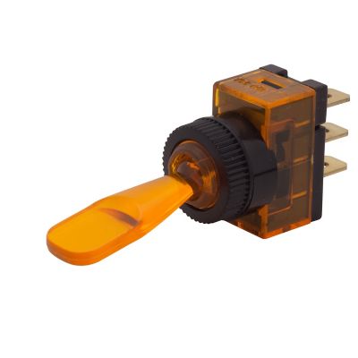 Amber illuminated toggle switch with SPST ON-OFF functionality, suitable for DC applications, featuring a transparent casing.