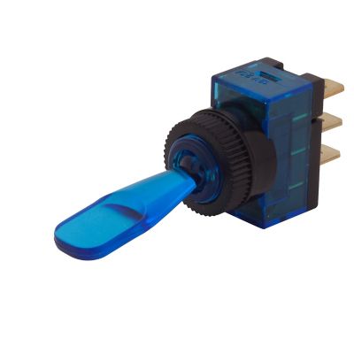 Blue illuminated SPST ON-OFF toggle switch for DC applications, highlighting modern design and functionality.