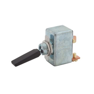 SPST ON-OFF toggle switch with a rectangular metal casing and black handle, showcasing a simple and functional design.
