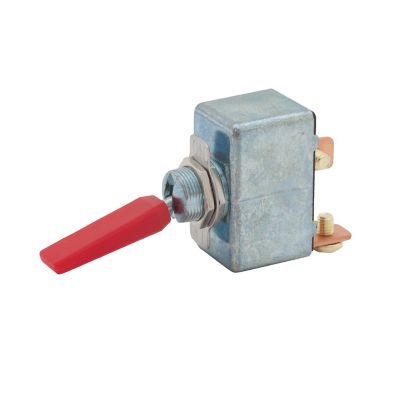 SPST ON-OFF toggle switch with a metallic base and a vibrant red handle.