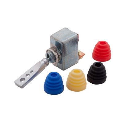 Toggle switch with interchangeable colorful boots, including red, blue, yellow, and black options, for versatile customization.