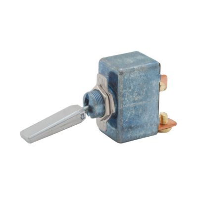 Chrome-handled SPST ON-OFF toggle switch with a metallic body and labeled positions, ideal for electrical projects.