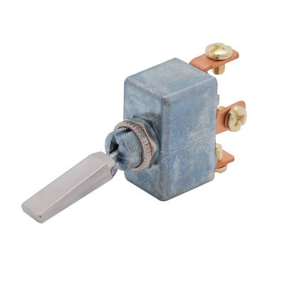 SPDT ON-OFF-ON toggle switch featuring a chrome handle, showcasing durable metal construction and copper connectors.