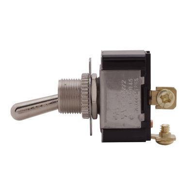Heavy-duty SPST toggle switch with screw terminals and O-ring design for durability and secure connections.