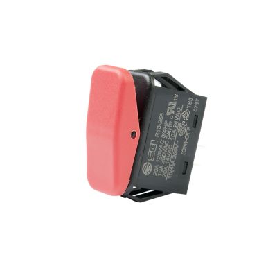 Red rocker switch from the Guardian Series in SPST (On)-Off configuration, black base, angled view, Surf 'N Turf model.