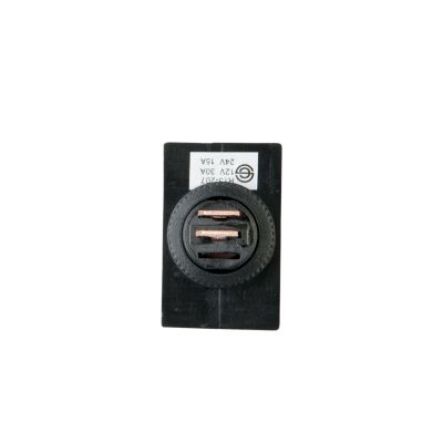 Non-illuminated rectangular rocker switch with round hole design, featuring SPST configuration and visible copper terminals.