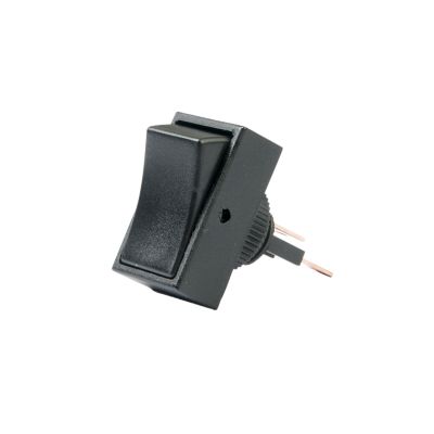 Black SPST On-Off non-illuminated rocker switch with round hole design, featuring a sleek, practical structure.