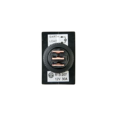 Illuminated rectangular rocker switch with round hole and labeled connections, featuring SPST design and DC rating.