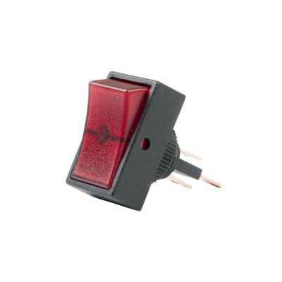 Red illuminated SPST rocker switch with on-off function, suitable for DC applications, featuring a distinctive round hole design.