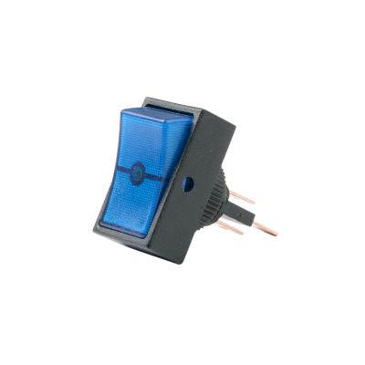 Blue illuminated SPST rocker switch with round hole design, for DC applications. Ideal for controlling power in electronic devices.