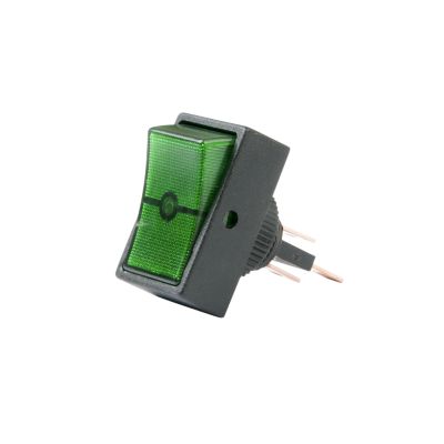 Green illuminated SPST rocker switch for DC circuits, featuring a round hole design and on-off functionality.