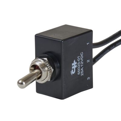 Sealed toggle switch with metal lever and two wire leads, labeled Cole Hersee 55025-01, designed for SPST (ON)-OFF operations.