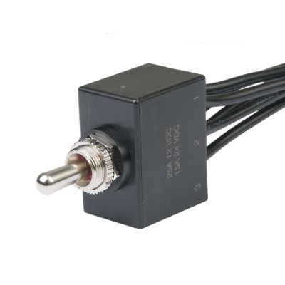 Sealed DPDT 25A toggle switch with 6 wire leads, labeled (ON)-OFF-(ON), featuring a robust design for various applications.