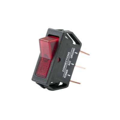 Red illuminated SPST on-off rocker switch with visible connections, for DC applications.