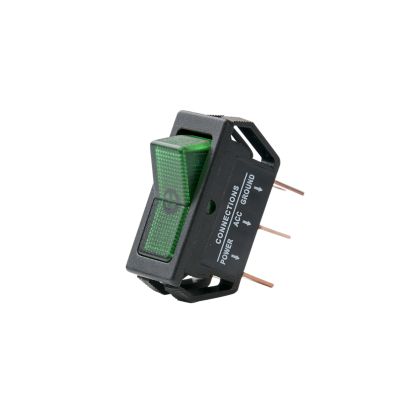 Green illuminated SPST rocker switch for DC applications, featuring on-off positions and labeled connections.