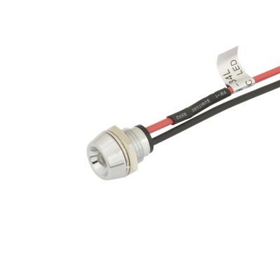 LED blue indicator light with lead wires and metallic casing.