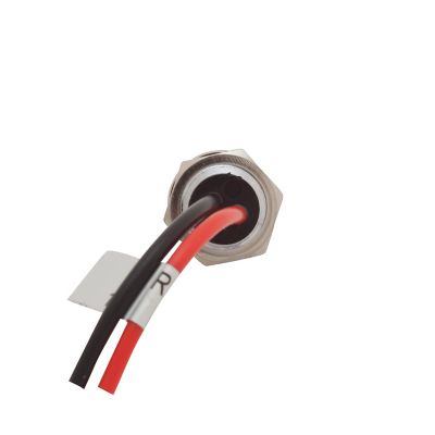 LED indicator light with red and black wires connected to a metal casing, emphasizing electrical connectivity.