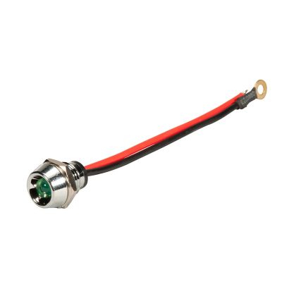 Leaded green LED indicator light with red and black wires attached, showcasing electronic components for signaling purposes.