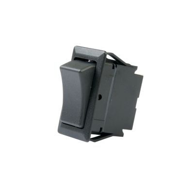Black SPST On-Off rocker switch with a rectangular design and prominent toggle feature.