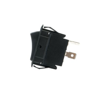 Flat Terminal Full Size SPST Rocker Switch with black casing and visible metal connectors against a white background.