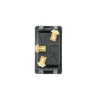 Illuminated rocker switch, SPST, with screw terminals and black casing; rear view highlights connection points.