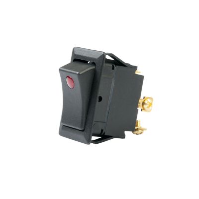 Red SPST on-off rocker switch with screw terminals, designed for DC applications.