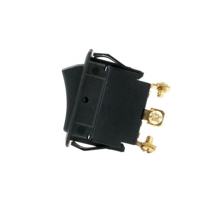 Illuminated SPST rocker switch with screw terminals, featuring a durable black housing and visible metal connectors.