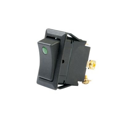 Green SPST on-off rocker switch with screw terminals for DC applications.