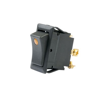 Amber rocker switch with screw terminals, SPST on-off design, suitable for DC applications.