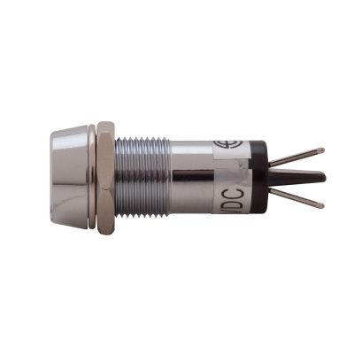 LED indicator light with a tabbed design in silver, featuring a cylindrical shape and metal connectors, designed for panel mounting.