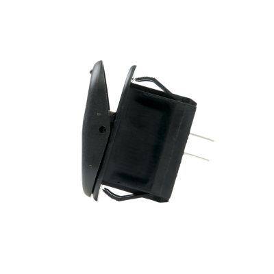 Black non-illuminated SPST rocker switch shown in profile, highlighting pins and sleek design for Surf N Turf applications.