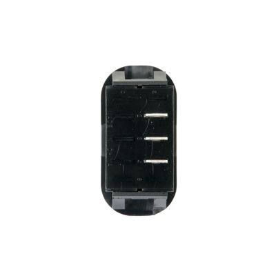 Black non-illuminated SPDT Surf N Turf rocker switch with metal prongs, viewed from connector side.