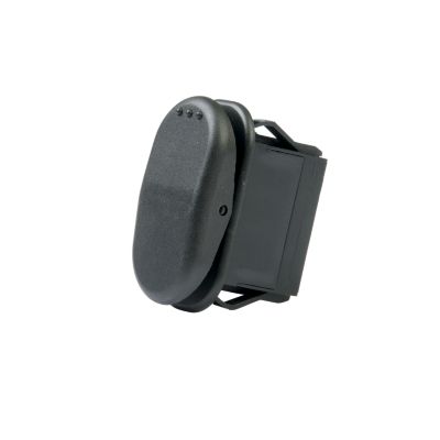 Black SPDT rocker switch with Surf 'N Turf design, featuring on-off-on positions, isolated on white background.