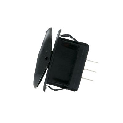 Black non-illuminated SPDT rocker switch with three metal prongs and a sleek design.