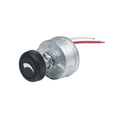 Electronic dimmer switch with two wire leads and a knob for adjusting brightness, suitable for 7 Amp load.