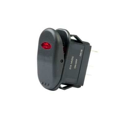 Red illuminated SPST rocker switch for DC applications, featuring Surf 'N Turf design with On-Off functionality.