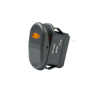 Illuminated amber SPST On-Off rocker switch, DC rated, featuring a Surf 'N Turf design for enhanced functionality.
