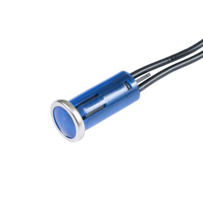 Amber indicator LED light with wire leads, featuring a blue cylindrical casing and metal trim, suitable for various applications.