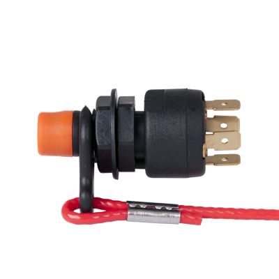 Universal kill switch lanyard with red cord and black connector, featuring orange button and terminal pins.