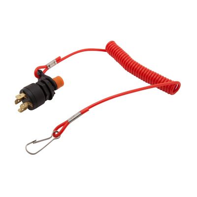 Red Universal Lanyard Kill Switch with coiled cord, featuring a safety clip and plug connector for marine use.