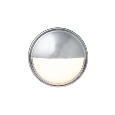 Chrome-finished, round snap-in license plate light with incandescent bulb, featuring a sleek and modern design.