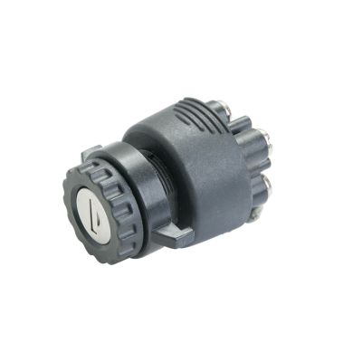 Keyed switch with black exterior, featuring a rotary mechanism for OFF-ON-(ON) settings. Suitable for electrical applications.