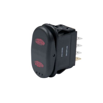 Illuminated red Surf 'N Turf rocker switch, SPDT On-Off-On design, DC rated only, featuring compact and durable construction.