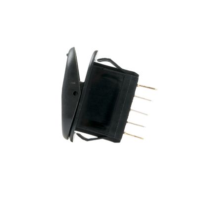 Illuminated Surf N Turf SPDT rocker switch with black casing and metal terminals, showcasing its side profile.