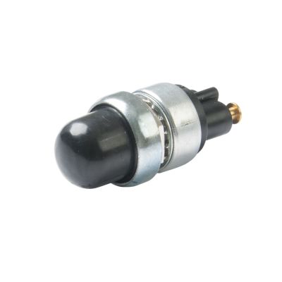 Heavy-duty push button switch with black cap and pin terminal, designed for reliable (ON)-OFF functionality.