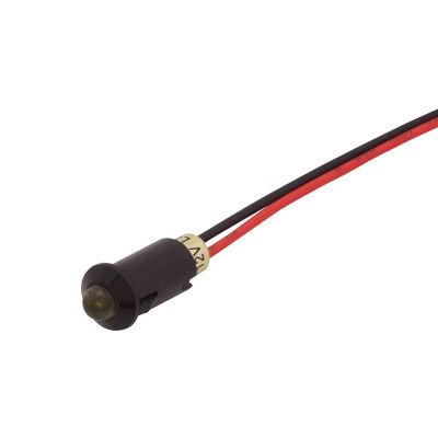 Amber LED indicator with prewired connection, featuring a sleek black housing and visible wiring for easy installation.