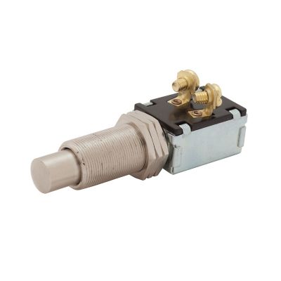 Insulated push button starter switch in metal casing with threaded design and brass connectors for secure electrical connections.