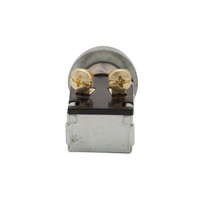 Moisture-proof push-button starter switch with metallic body and dual screw terminals, front view.