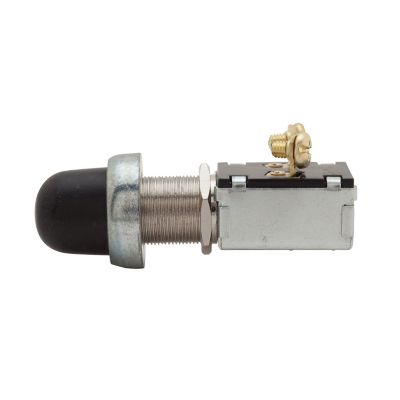 Insulated starter button and horn switch with metal casing and black rubber cap, showcasing electrical connectors on top.