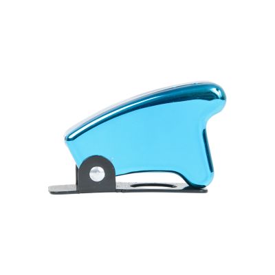 Chrome blue toggle switch safety cover, sleek design with a shiny finish, enhancing durability and style.